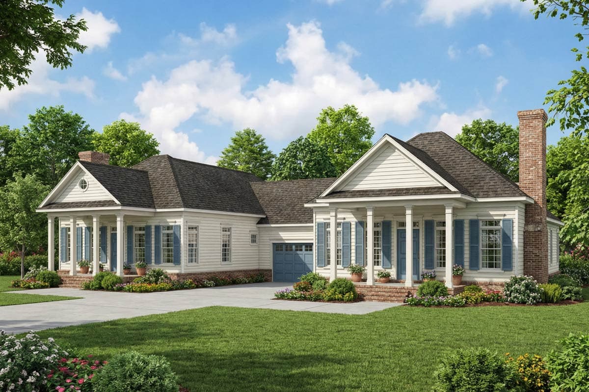 A white house with a columned porch, blue shutters, and a brick chimney. Green lawn, blue sky with clouds, and trees complete the scene.