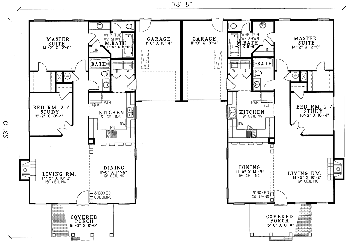 Plan 59320ND: Southern Traditional Duplex Home Plan - Floor Plan - Main Level - Southern, Traditional