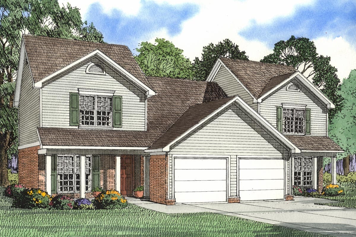 Two-story house plan exterior with a two-car garage, gabled dormers, and covered front entry with columns.