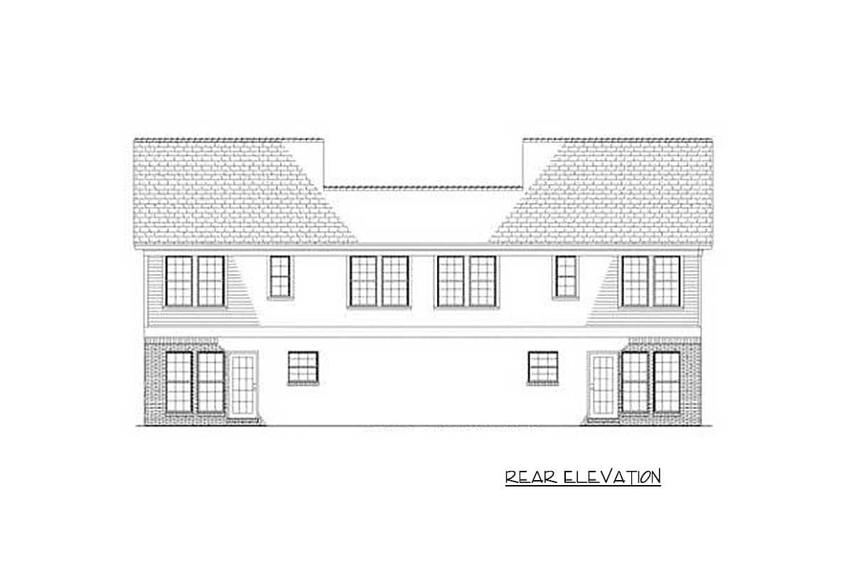 Rear elevation drawing of a two-story house with multiple windows, a symmetrical roofline, and brick base.