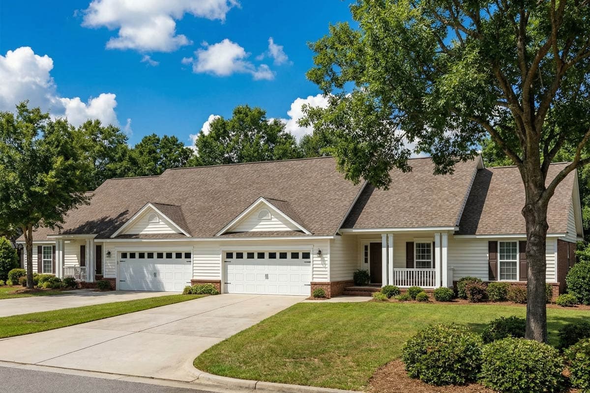 Ranch house plan exterior with white siding, gabled dormers, covered front porch with railing, and a three-car garage.