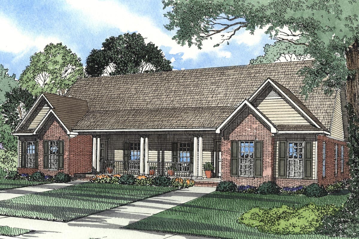 Ranch house plan exterior with brick facade, gabled dormers, and a covered front porch with columns.