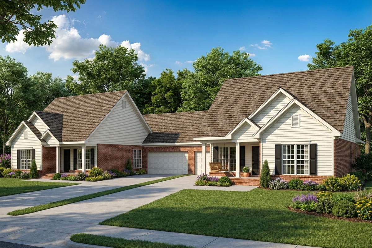 A two-story house with a brick and white siding exterior. The house has a long driveway and a well-manicured lawn with flower beds and trees.