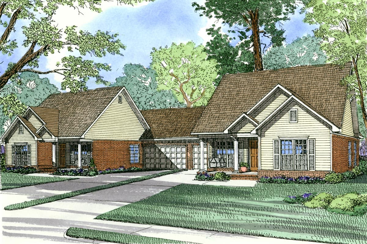 House plan exterior: One-story home with brick and siding, gabled dormers, covered front porch, and attached two-car garage.