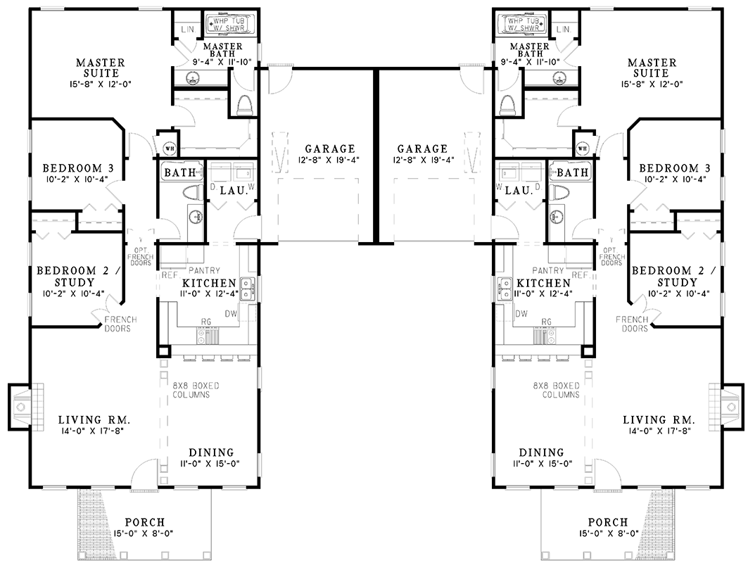 Plan 59326ND: Southern Traditional Duplex with Matching 3 Bed 1400 Square Foot Units - Floor Plan - Main Level - Southern, Southern Traditional, Traditional