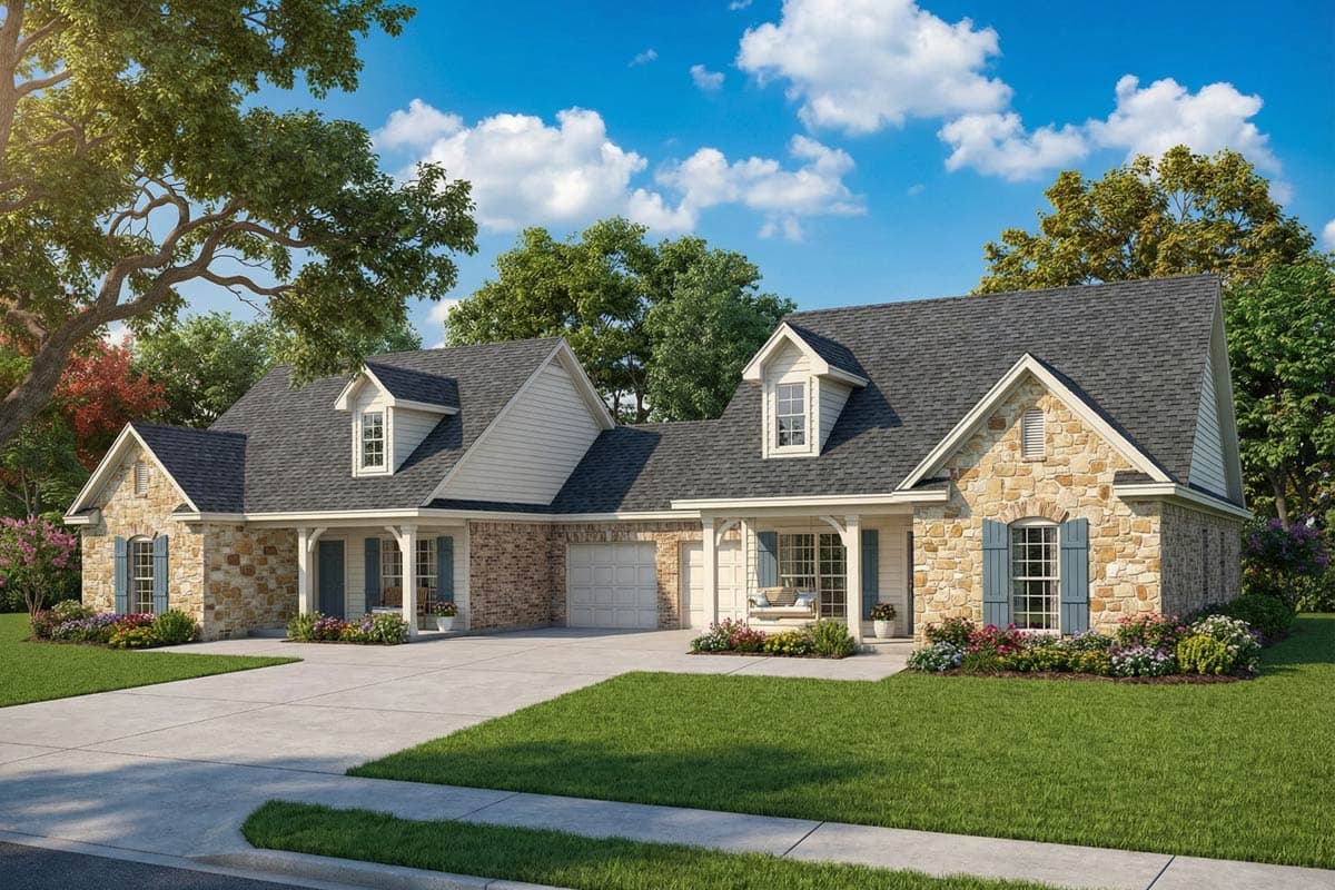 House plan exterior: one-story, stone and brick facade, gable dormers, covered front porches, and attached two-car garage.
