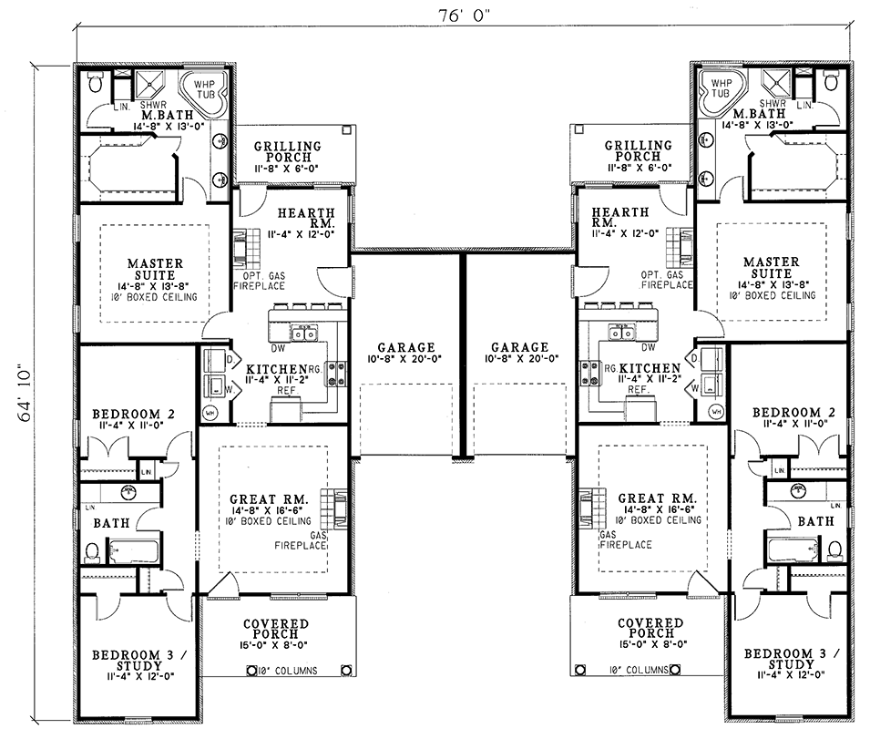 Plan 59327ND: One Story Duplex House Plan - 3 Beds. 2 Baths - 1398 Sq Ft - Floor Plan - Main Level - Traditional
