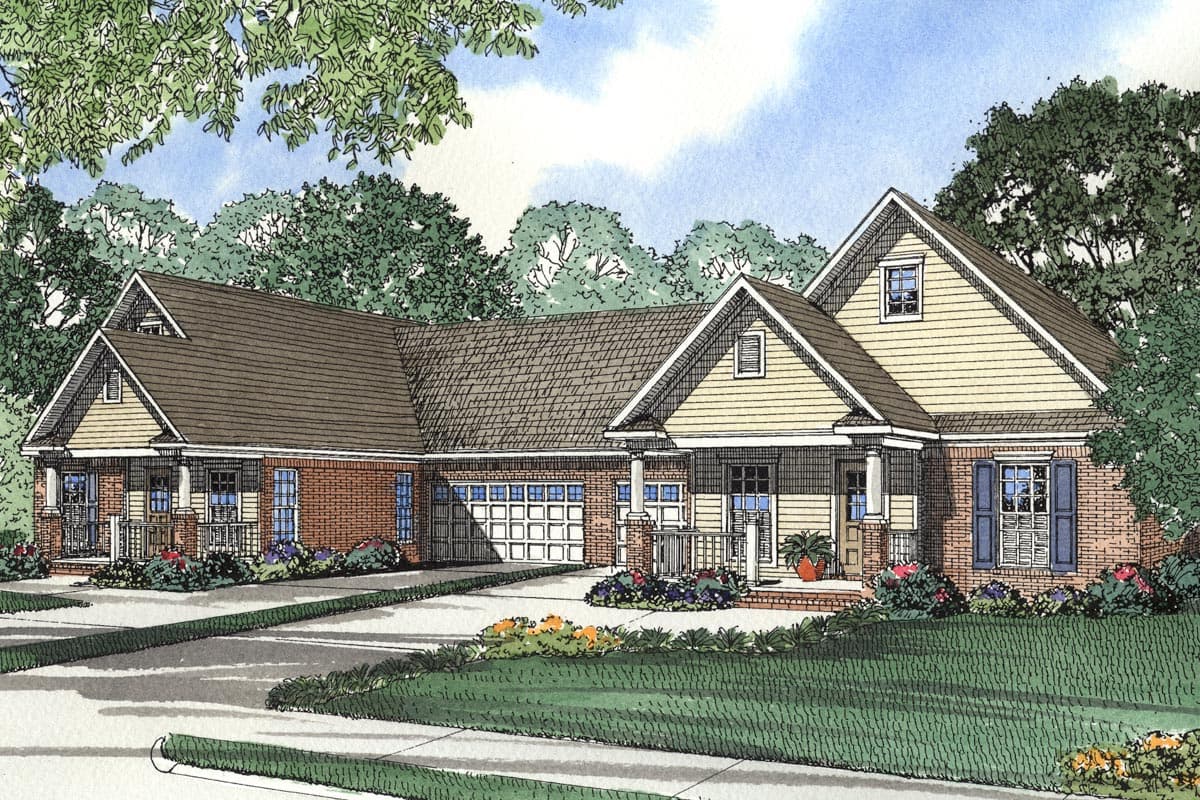 House plan exterior: Single-story Ranch with brick and siding, front-facing garage, gables, and covered porches.