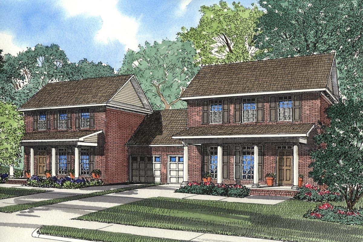 House plan exterior for a two-story brick home with a gabled roof, covered front porches, dormers, and a side-entry garage.