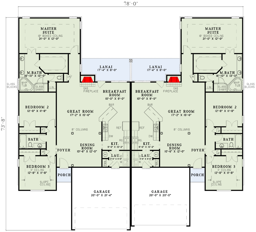 Plan 59330ND: Southern Traditional Duplex House Plan with Matching 1750 Square Foot Units - Floor Plan - Main Level - Southern, Traditional