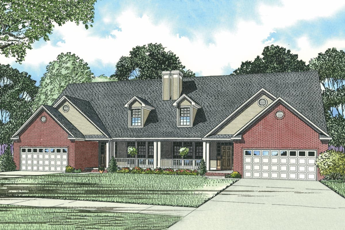 Ranch style house plan exterior with brick facade, two-car garages, central covered porch, and dormer windows.