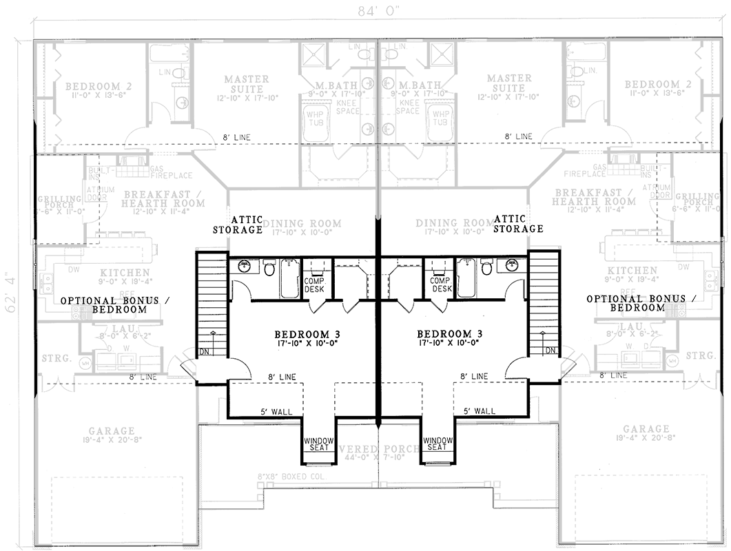 Plan 59331ND: Covered Porch Duplex - Floor Plan - 2nd Floor