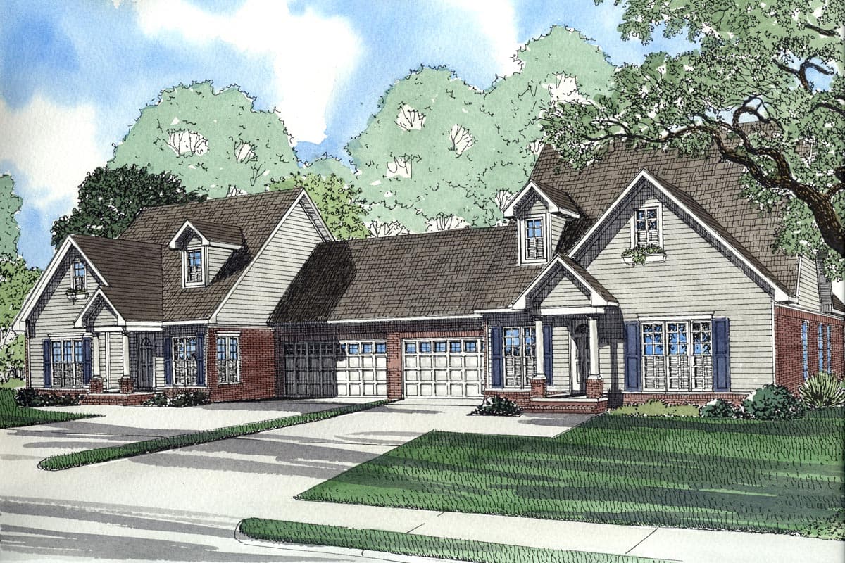 House plan exterior, two stories, with gabled dormers, a covered front porch, and a four-car garage.
