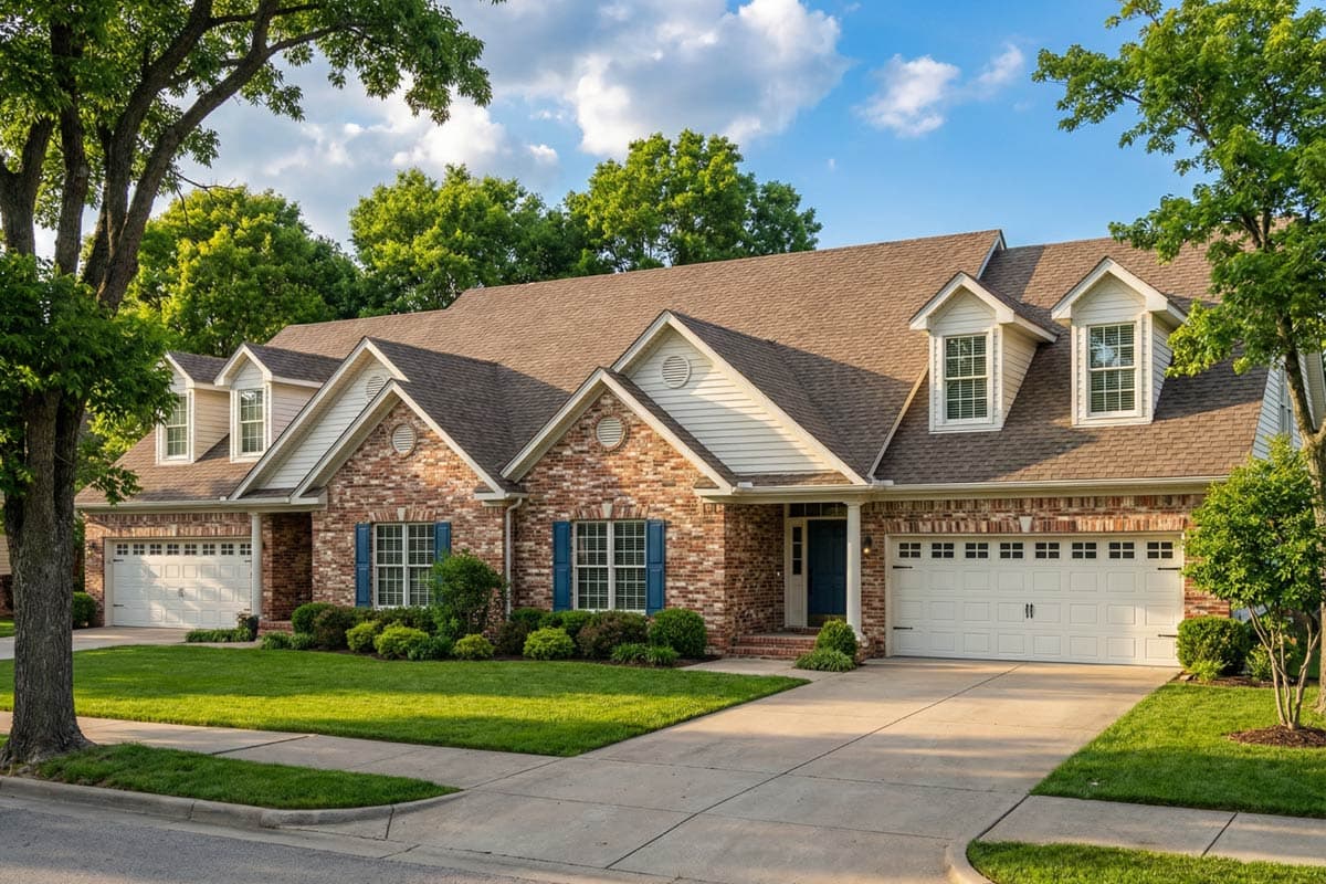 A brick-fronted house with blue shutters, two garage doors, and dormer windows under a blue sky, surrounded by trees and a well-manicured lawn.