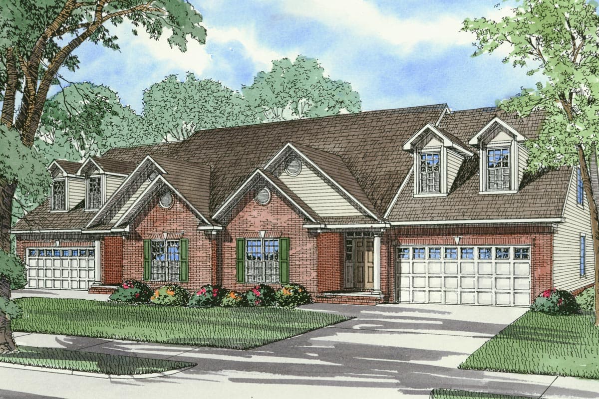 House plan exterior with a brick facade, multiple gables, dormers, and a three-car side-entry garage.