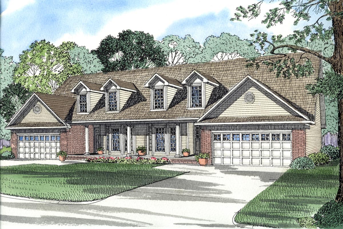 House plan exterior: one-story home with hip roof, five dormers, covered porch, and two attached garages.