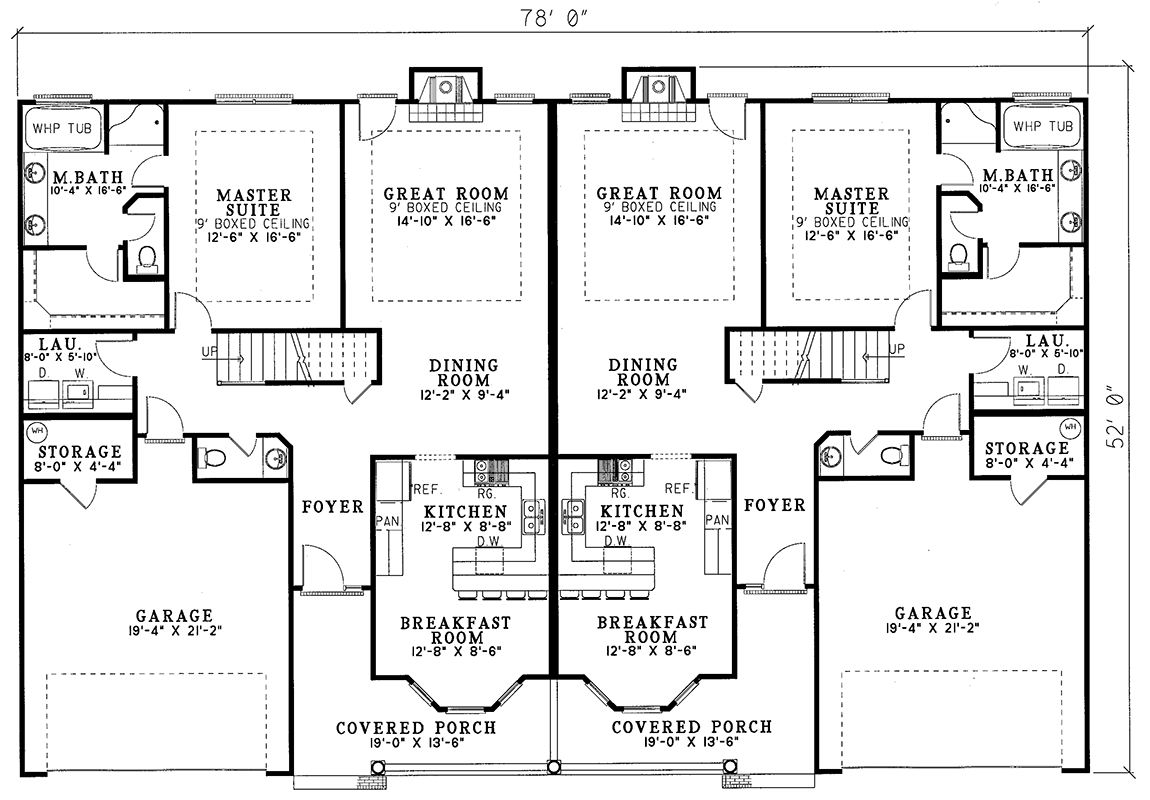 Plan 59334ND: Southern Traditional Duplex House Plan with 3 Bed Units Under 190 Sq Ft - Floor Plan - Main Level - Southern, Southern Traditional, Traditional