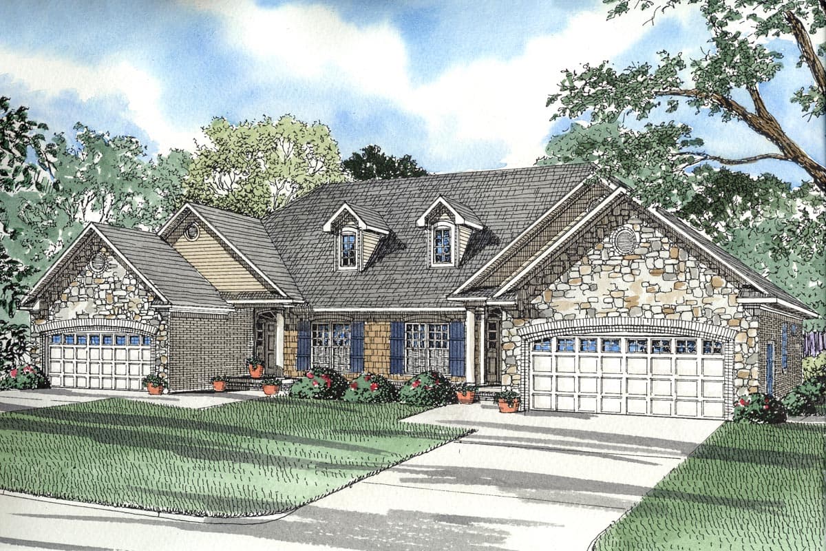 House plan exterior: One-story home with stone accents, two garage doors, dormers, and a covered entry.