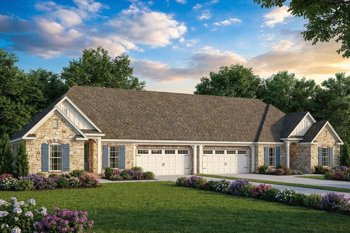 A stone-clad house with a three-car garage, blue shutters, and a lawn with vibrant flower beds. Overcast sky with wispy clouds.