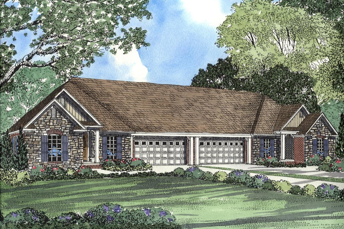 House plan exterior of a one-story home with stone facade, wide covered porch, and a four-car garage.