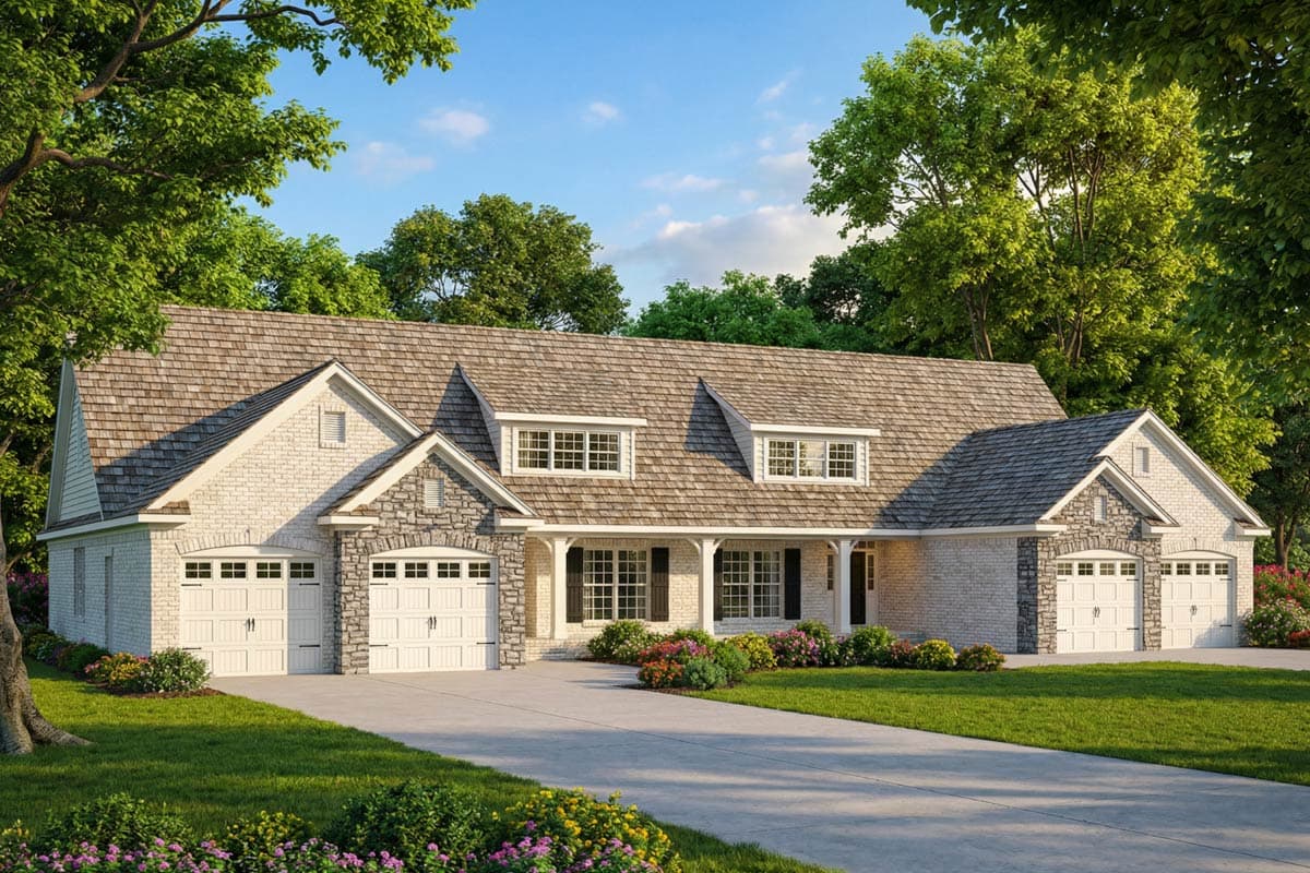 A large, two-story house with a brick exterior, stone accents, and a long driveway. Lush green trees frame the home, with a blue sky overhead.
