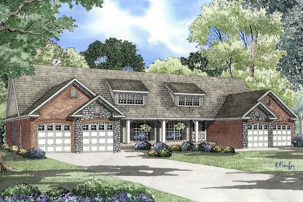 House plan exterior with brick and stone facade, gambrel rooflines, dormers, and a covered front porch with columns. Features a three-car garage.