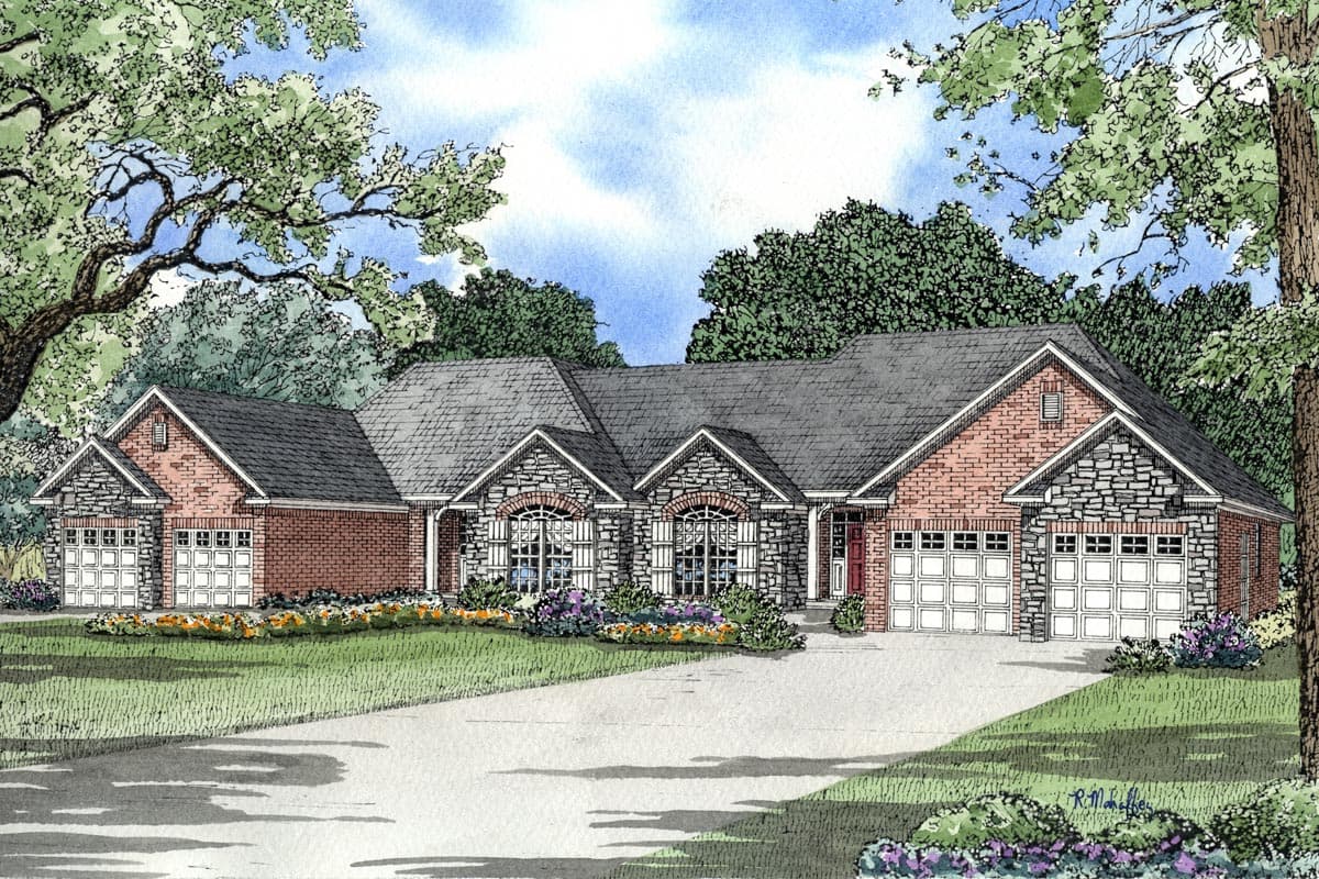 House plan exterior: Single-story home with brick and stone facade, multiple gables, and a three-car garage.