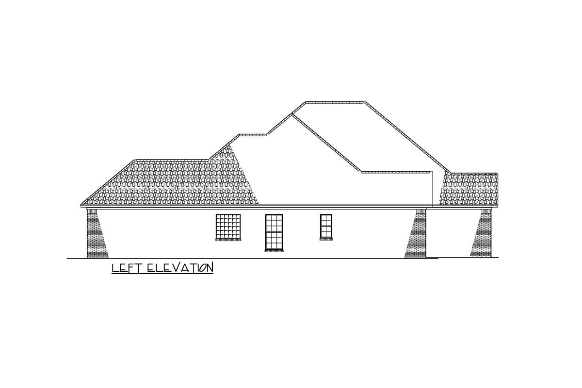 Left elevation of a house plan showing a hipped roofline, brick foundation piers, and gridded windows.