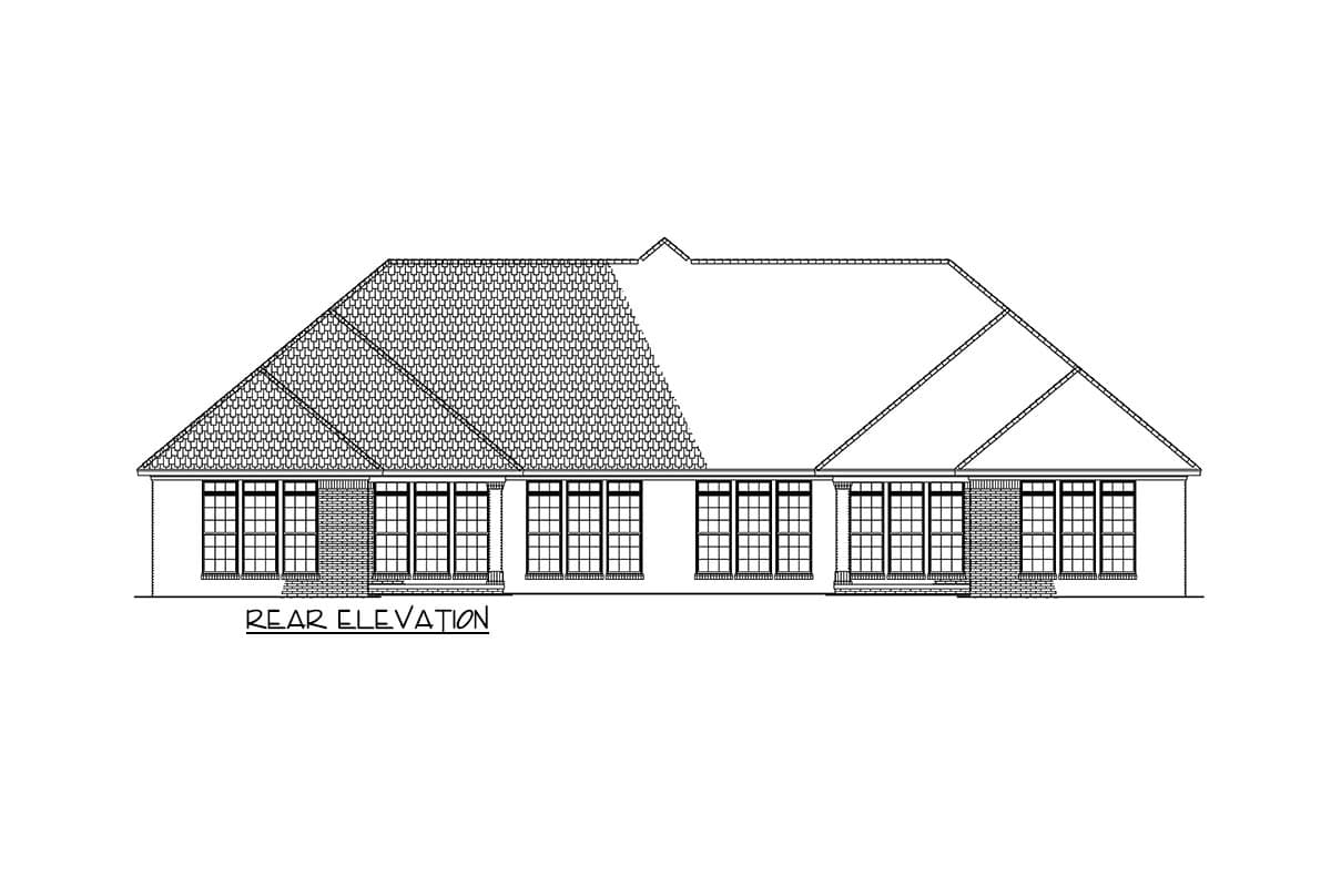 Rear elevation drawing of a house plan featuring multiple windows and a complex roofline.