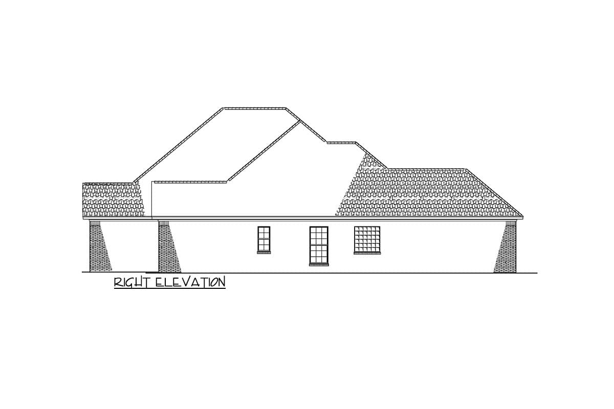Right elevation drawing of a house plan featuring a layered roofline, brick accents, and multiple windows.