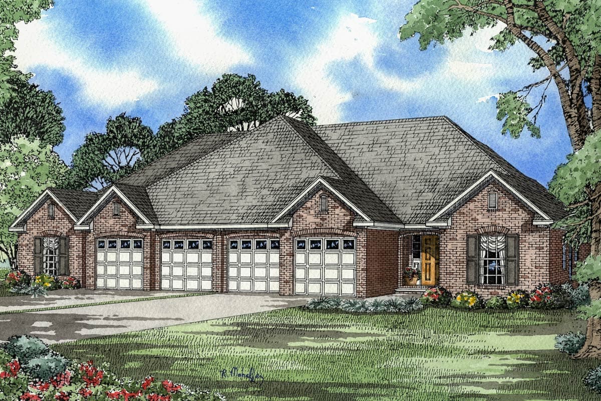 House plan exterior, brick ranch with four-car garage, gabled dormers and front entrance.