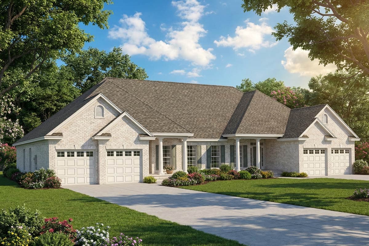 House plan exterior of a single-story Modern Farmhouse with white brick, a prominent gable, and a five-car garage.