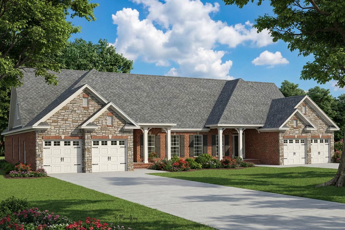 A rendered image of a large, single-story brick home with a stone facade over the garage. A long driveway leads up to the house.