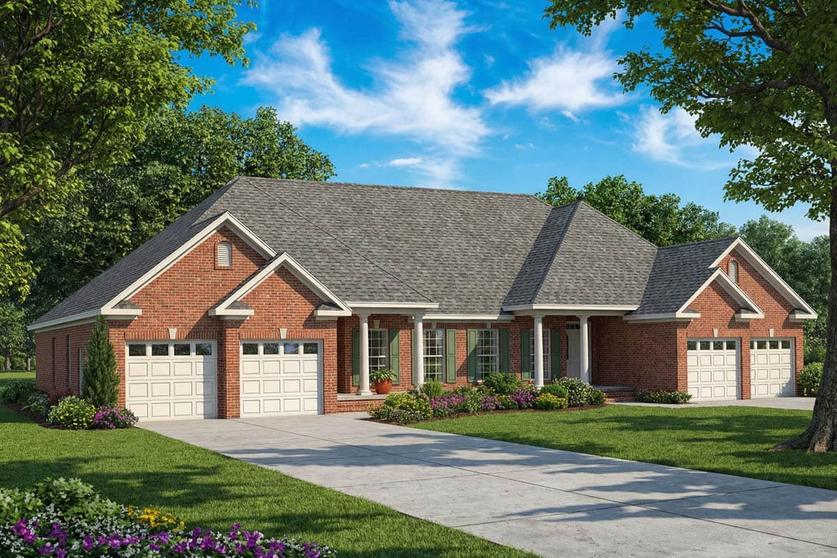 House plan exterior: Ranch-style brick home with a portico, multiple gables, and a three-car garage.