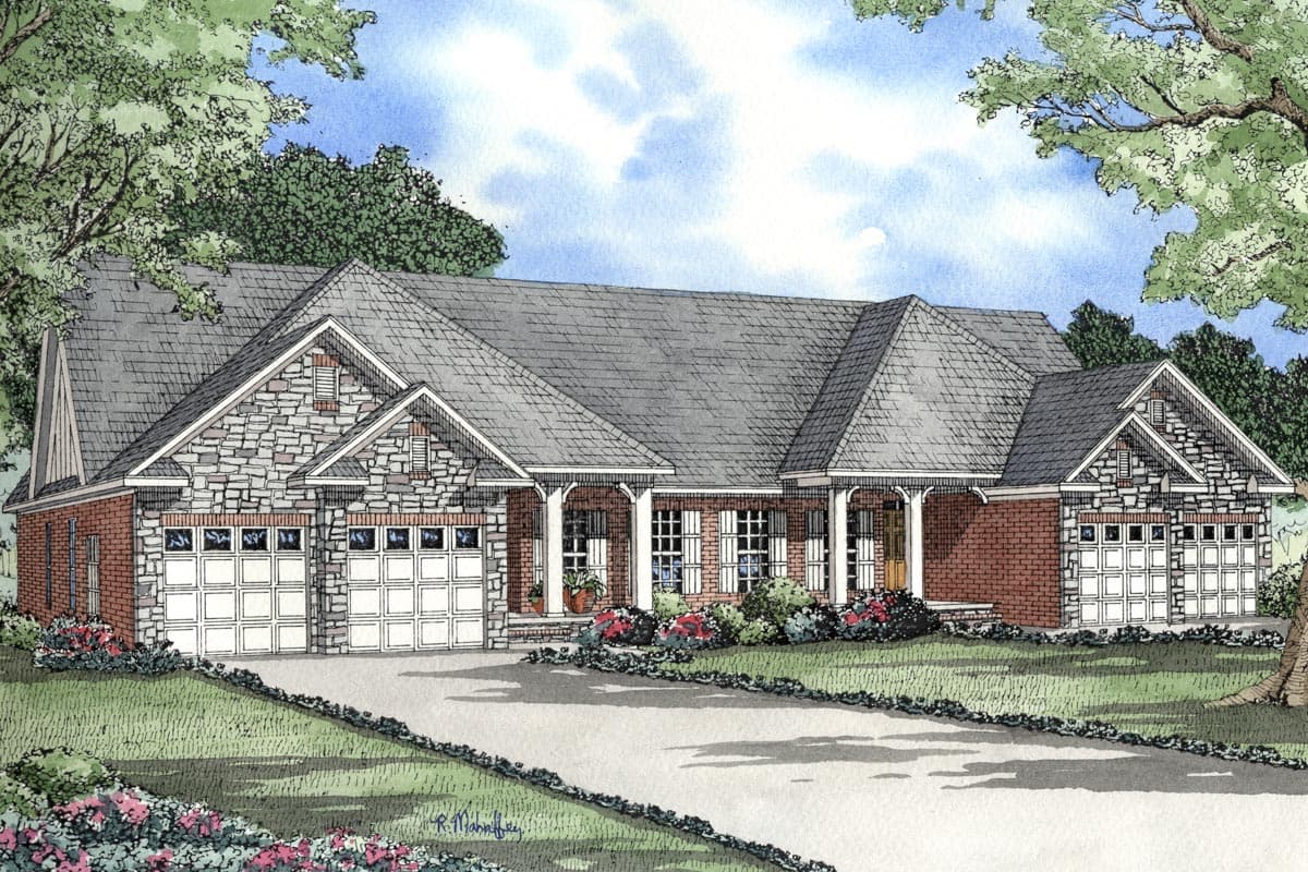 House plan exterior: Brick ranch with stone accents, prominent gables, covered porch, and a three-car garage.