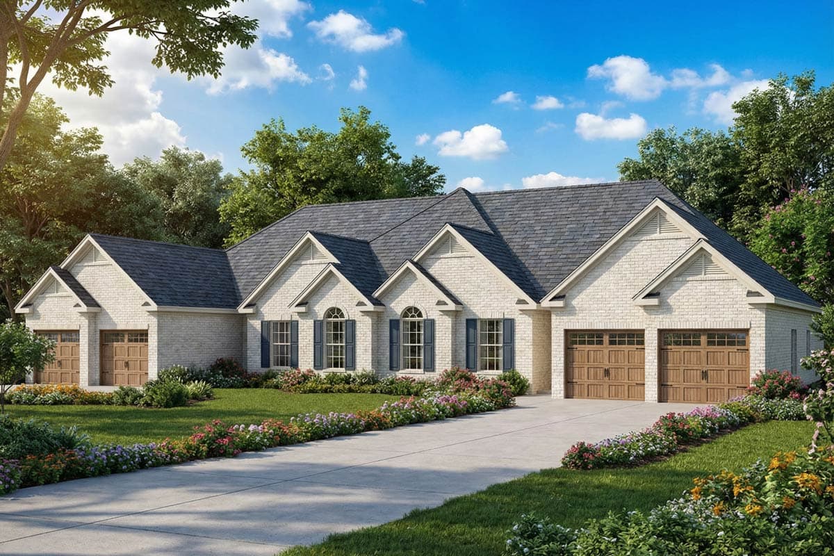 A two-story house with a light brick exterior, dark grey roof, and a concrete driveway lined with flowers. Lush green landscaping surrounds.