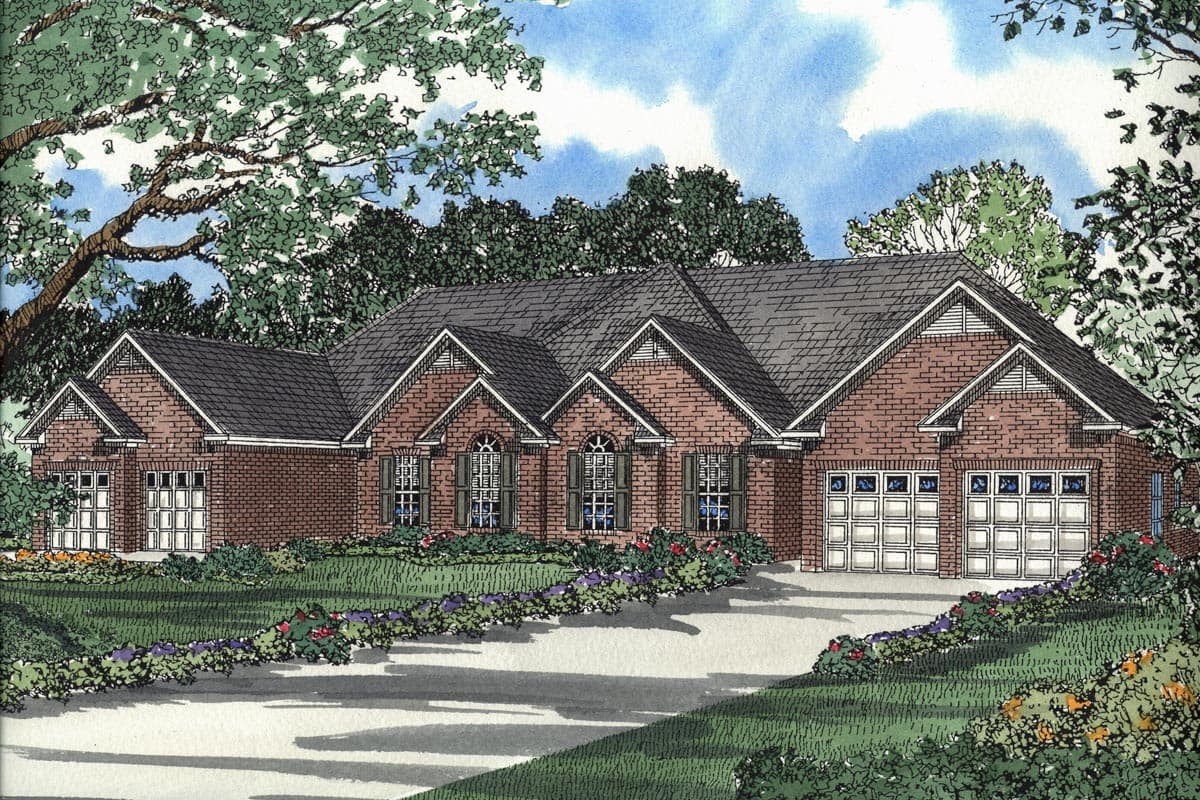 House plan exterior: Brick ranch with a steeply pitched roof, multiple gables, and a side-entry three-car garage.