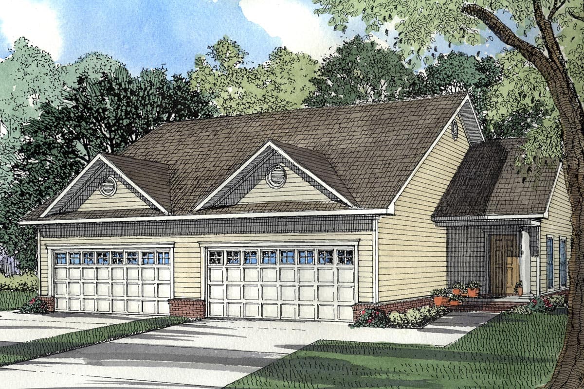 House plan exterior: Traditional style, one-story home with a three-car front-facing garage, prominent gables, and a covered entry porch.