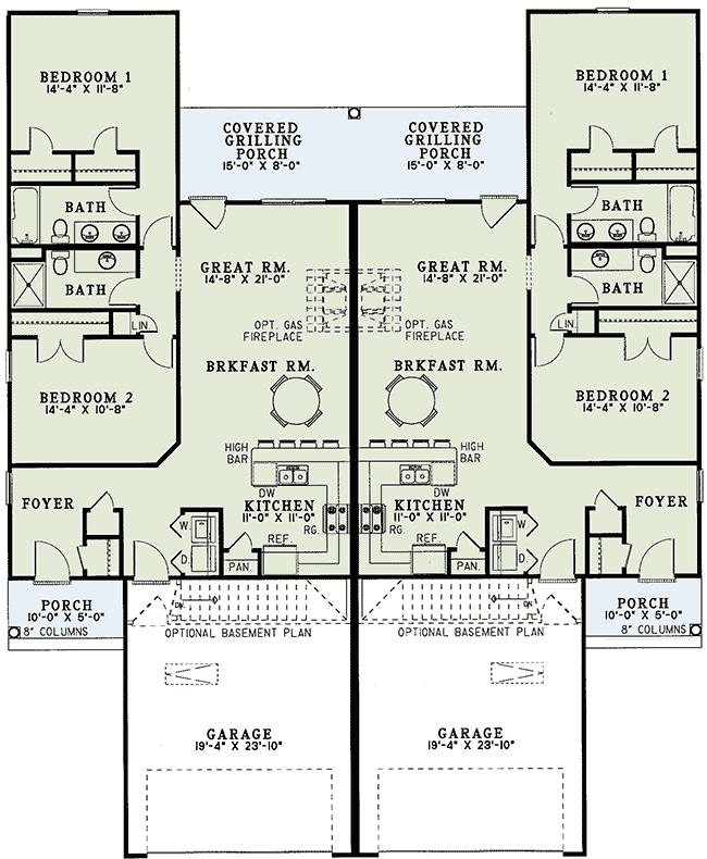Plan 59342ND: Duplex House Plan with Side-By-Side 2-Bed Units Under 1250 Square Feet - Floor Plan - Main Level - Country, Traditional