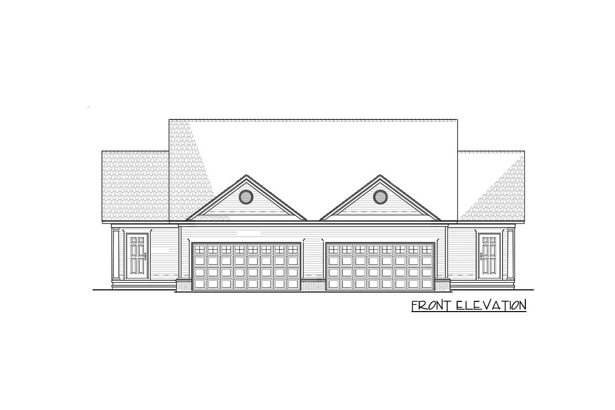 Front elevation drawing of a one-story house with a symmetrical design featuring two garage doors, two front doors, and two gabled dormers.