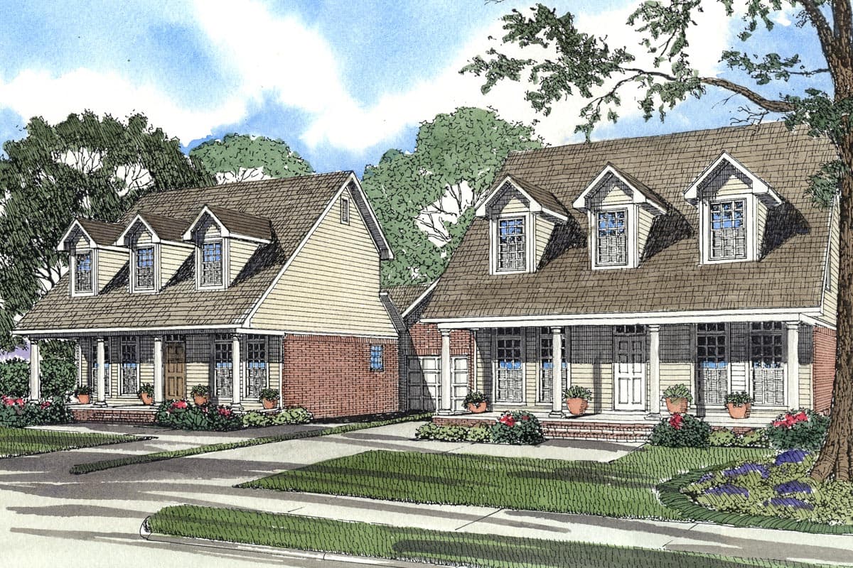 House plan exterior featuring two attached homes, each with a covered porch, three dormers, and brick and siding facade.