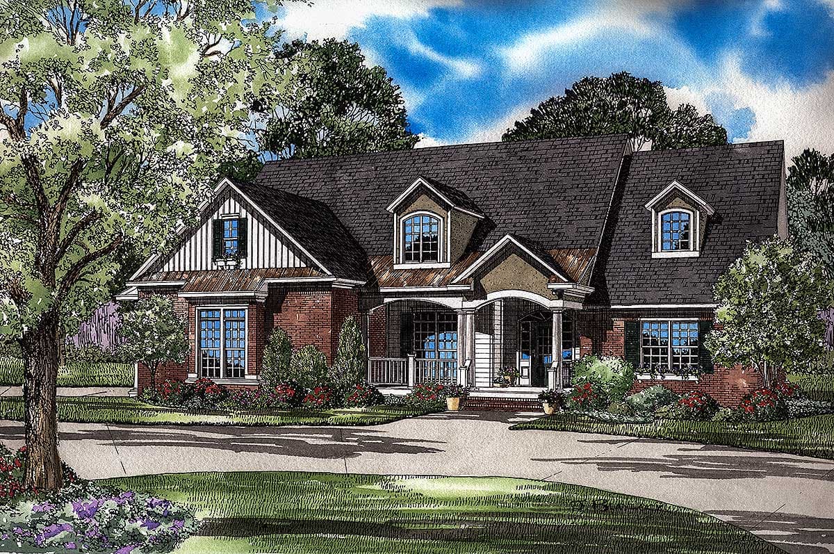 House plan exterior of a one-story home with a gabled dormer, brick facade, and covered porch with columns.