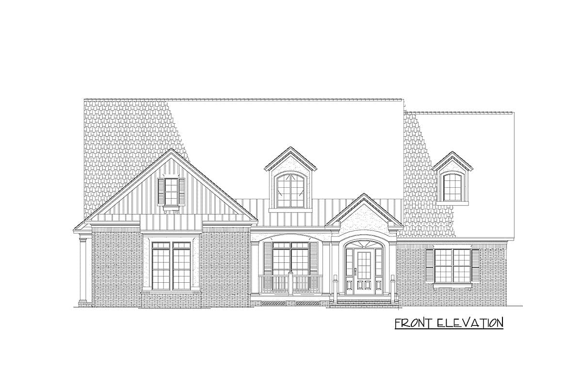 Front elevation drawing of a two-story house plan with brick and board-and-batten siding, gabled dormers, and a covered porch.