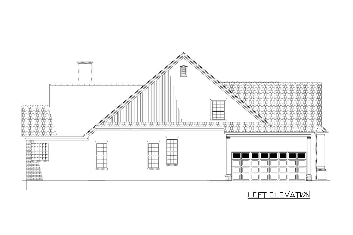 Left elevation drawing of a house plan featuring a prominent gabled roof, dormer, multiple windows, chimney, and a two-car garage.