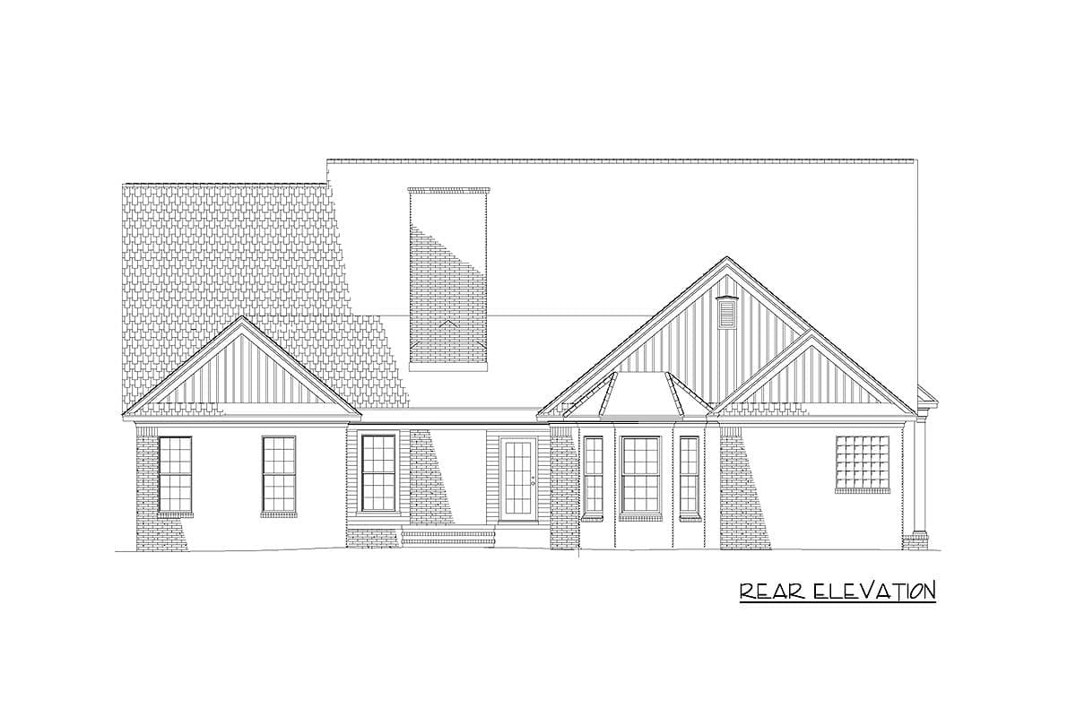 Rear elevation drawing of a one-story house plan featuring gables, a dormer, and a covered entryway.