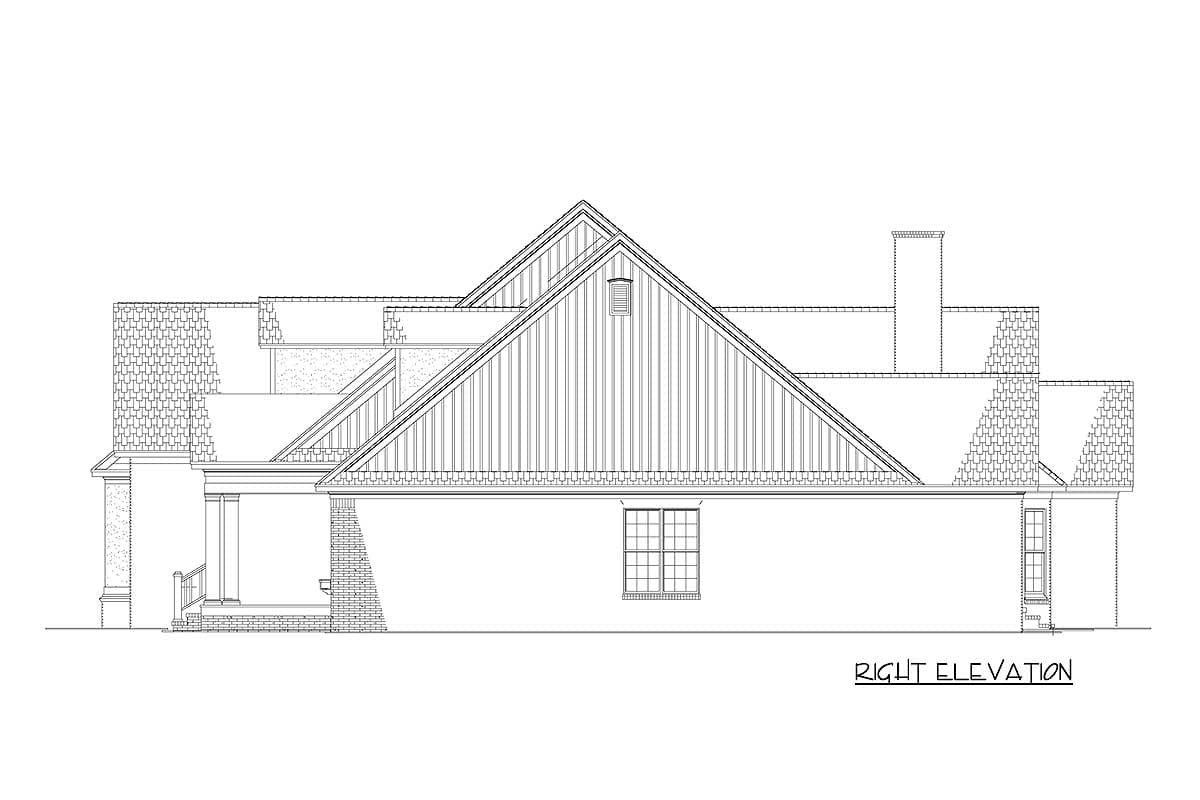 House plan right elevation showing multiple gables, dormer window, covered porch with columns, and brick chimney.