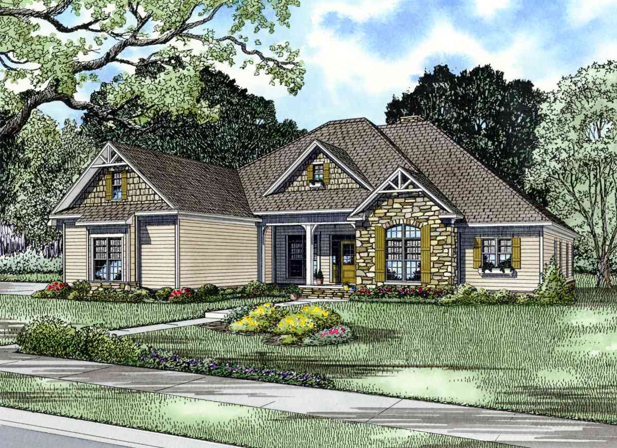 House plan exterior shows a one-story home with stone and siding. Features include gables, dormers, and a covered front porch.