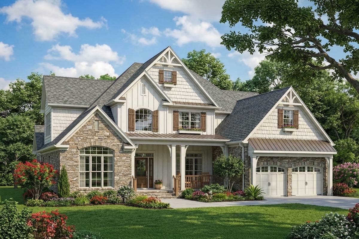 House plan exterior with stone and board-and-batten siding, covered front porch, and a two-car garage.