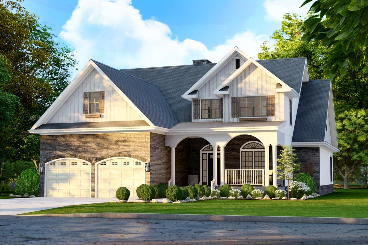 House plan exterior. Two-story Modern Farmhouse with gables, a covered porch, and a two-car garage. Features include mixed siding and stone veneer.