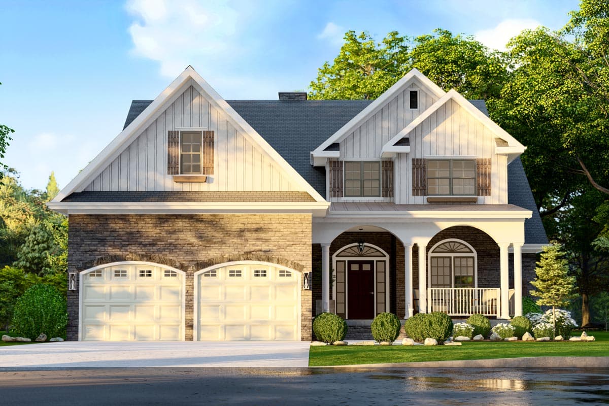 House plan exterior: Modern Farmhouse style, two stories, twin garage doors, arched entry porch with columns, and prominent gables.